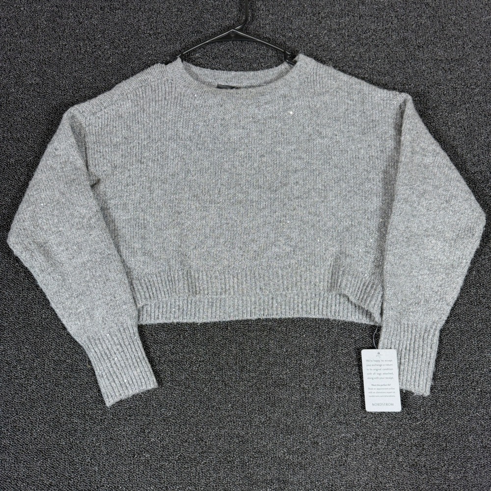 Vince Camuto Sequin Metallic Cropped Crewneck Sweater Women's M Gray NWT